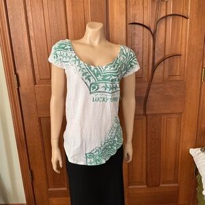 Lucky Brand White Tee with Green and blue boho Print